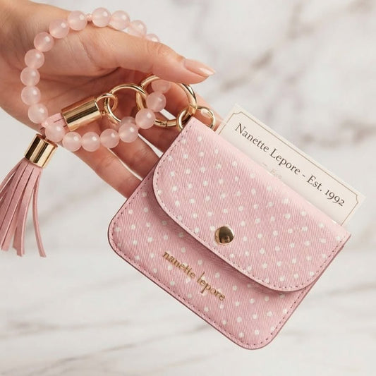 Llavero de cartera con pulsera de cuentas de cuarzo rosa